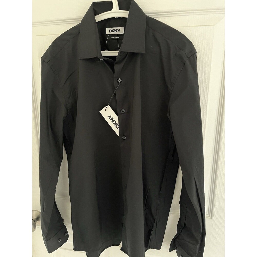 DKNYMens Shirt Medium Black Long Sleeve Stretch Wrinkle Free Business Casual NWT